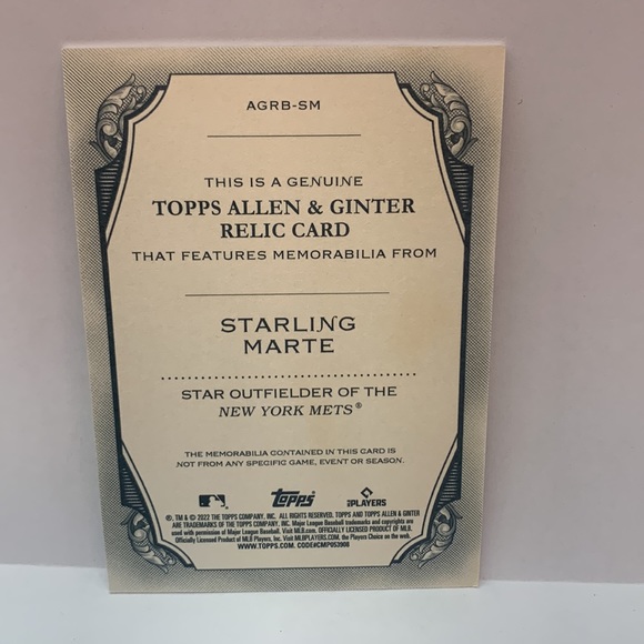 2022 Topps Allen & Ginter Starling Marte Relic Card #AGRB-SM (MISC8) - Picture 2 of 2